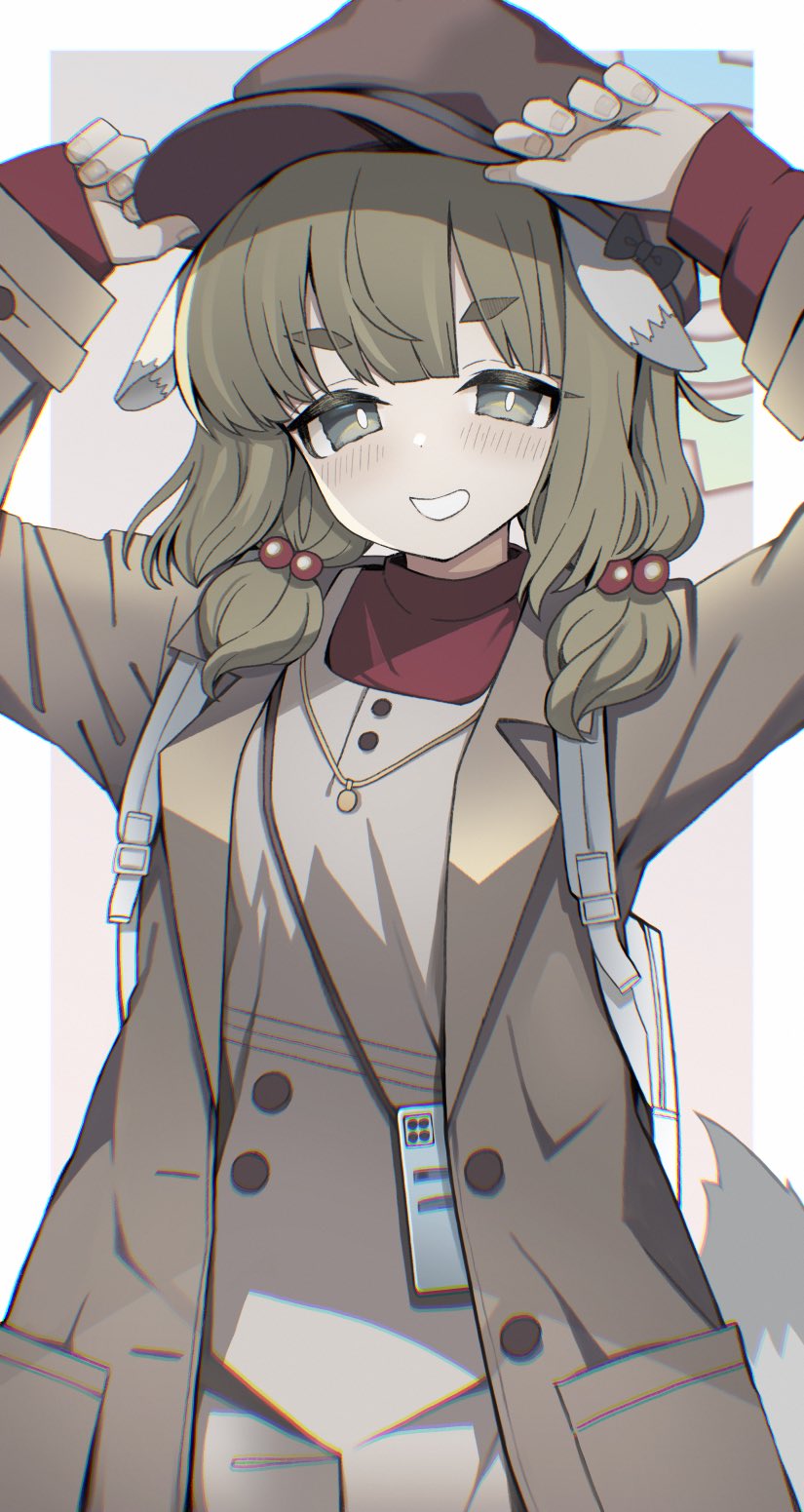 1girl animal_ears backpack bag blue_archive blush brown_coat brown_headwear coat green_eyes green_hair hair_bobbles hair_ornament halo hands_on_headwear hat highres izuoku jacket long_sleeves looking_at_viewer open_clothes open_coat open_mouth simple_background sleeves_past_wrists solo tail yakumo_(blue_archive)