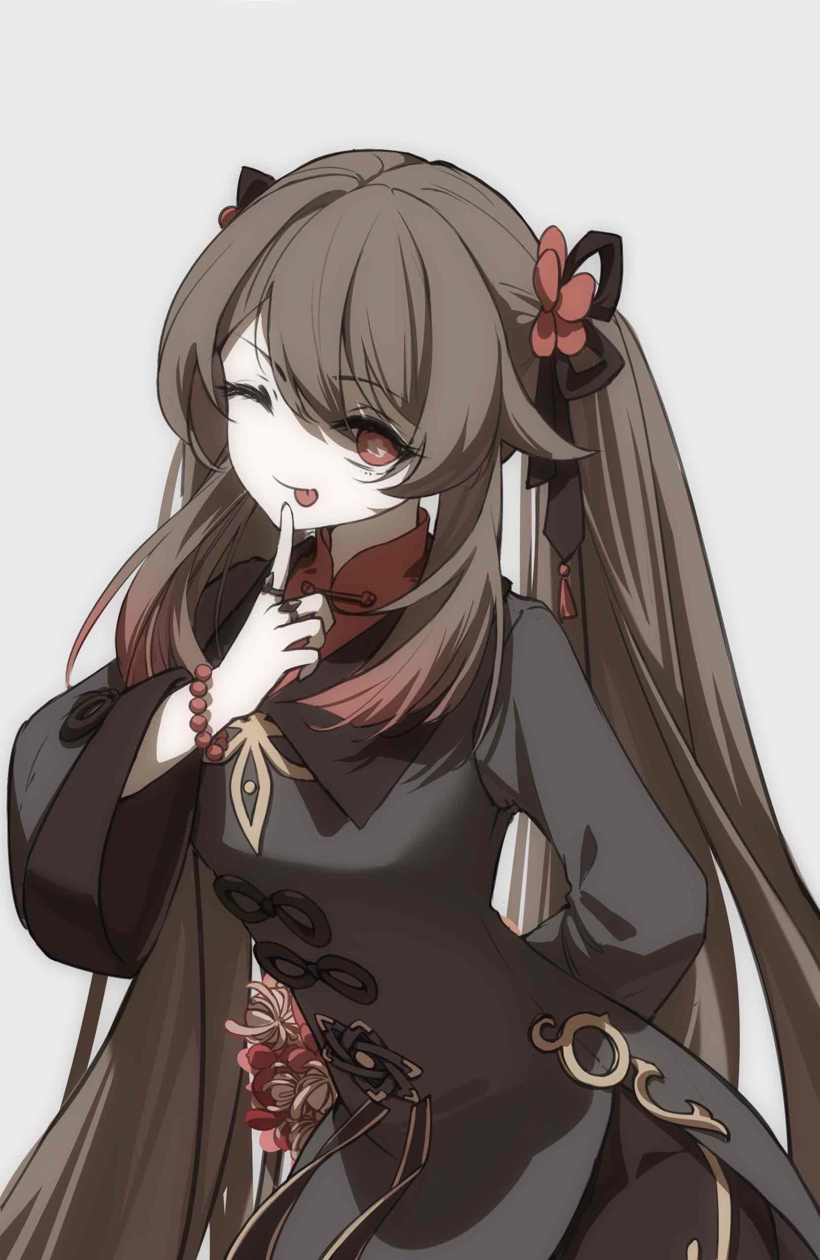 1girl ;p absurdres arm_behind_back bead_bracelet beads black_ribbon black_shorts bracelet brown_hair coat finger_to_mouth flower flower-shaped_pupils genshin_impact grey_background grey_coat hair_flower hair_ornament hair_ribbon highres holding holding_behind_back hu_tao_(genshin_impact) index_finger_raised jewelry long_hair long_sleeves looking_at_viewer morh no_nose one_eye_closed orange_eyes red_flower ribbon shorts simple_background solo symbol-shaped_pupils tongue tongue_out twintails upper_body white_background