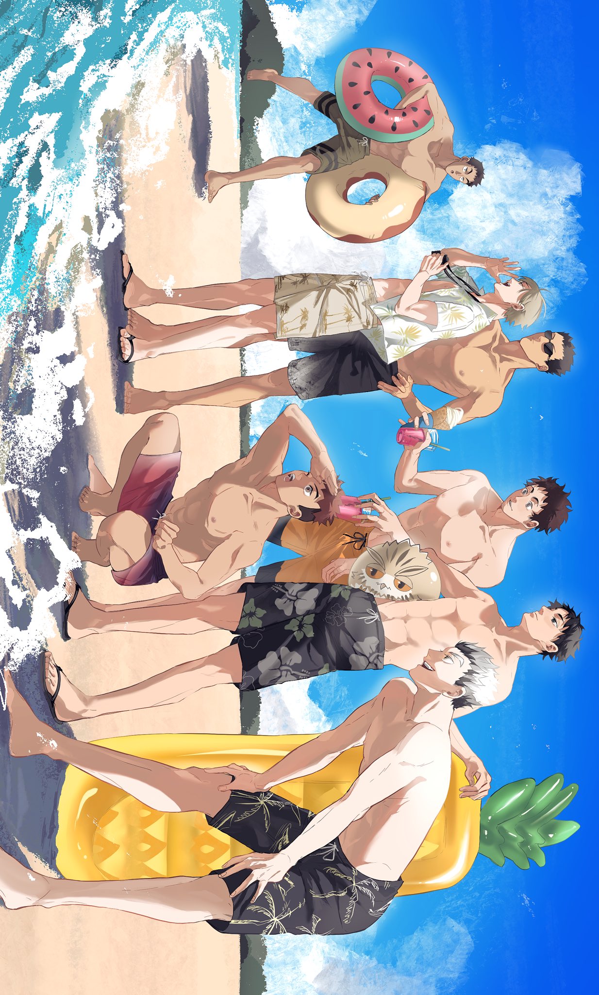 6+boys :o air_mattress barefoot beach bird black_hair black_shorts blonde_hair blue_sky brown_hair calling character_request closed_mouth clouds cloudy_sky cocktail cup day floral_print food fruit grey_hair haikyuu!! hand_on_own_hip hands_on_own_knees highres holding holding_cup holding_food holding_ice_cream holding_innertube ice_cream innertube male_focus multiple_boys muscular muscular_male ocean open_mouth orange_shorts outdoors owl pineapple red_shorts sandals shirt short_hair shorts sky smile squatting sunglasses teeth topless_male wansan_hq watermelon_innertube white_shirt white_shorts