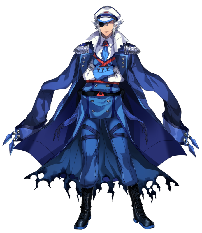 1boy black_footwear blue_coat blue_necktie blue_pants boots closed_mouth coat coat_on_shoulders cross-laced_footwear crossed_arms epaulettes eyepatch full_body hat katagiri_hachigou lace-up_boots latios male_focus necktie open_clothes open_coat pants peaked_cap personification pokemon red_eyes simple_background smile solo torn_clothes white_background white_hair