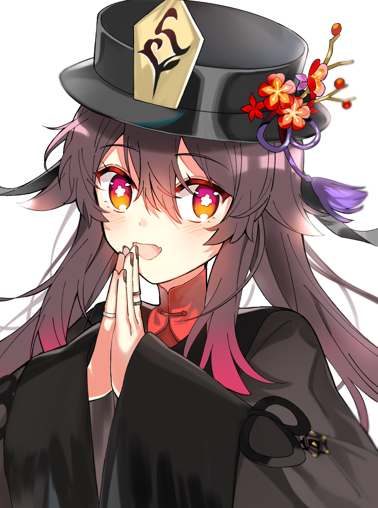 1girl :d black_coat black_headwear black_nails bright_pupils brown_hair coat doru_(hzpn7538) flower flower-shaped_pupils genshin_impact hair_between_eyes hat hat_flower hat_tassel hu_tao_(genshin_impact) light_blush long_hair looking_at_viewer orange_eyes own_hands_together simple_background smile solo symbol-shaped_pupils twintails upper_body white_background white_pupils wide_sleeves
