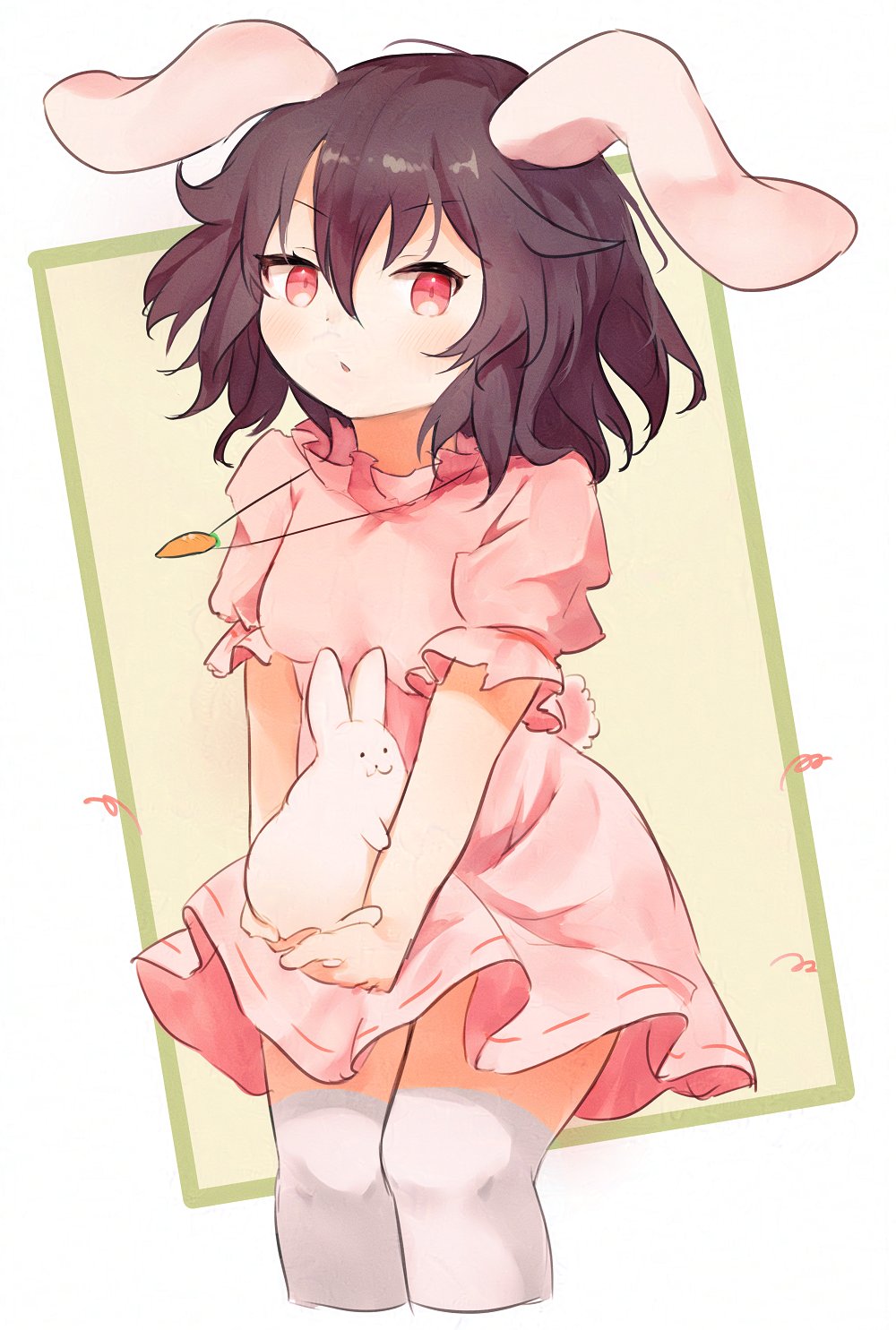1girl animal animal_ears ar_(maeus) black_hair dress feet_out_of_frame hair_between_eyes highres holding holding_animal inaba_tewi parted_lips pink_dress rabbit rabbit_ears red_eyes short_hair short_sleeves solo thigh-highs touhou white_thighhighs