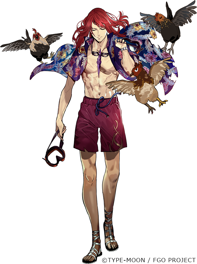 1boy abs bird closed_eyes copyright facing_viewer fate/grand_order fate_(series) floating_clothes floral_print full_body goggles goggles_around_neck goggles_removed hawaiian_shirt holding holding_goggles long_hair male_focus male_swimwear morii_shizuki official_art open_clothes open_shirt pectoral_cleavage pectorals purple_shirt redhead sandals scar scar_on_chest shirt short_sleeves smile solo standing swept_bangs swim_trunks toned toned_male transparent_background tristan_(fate) watch watch