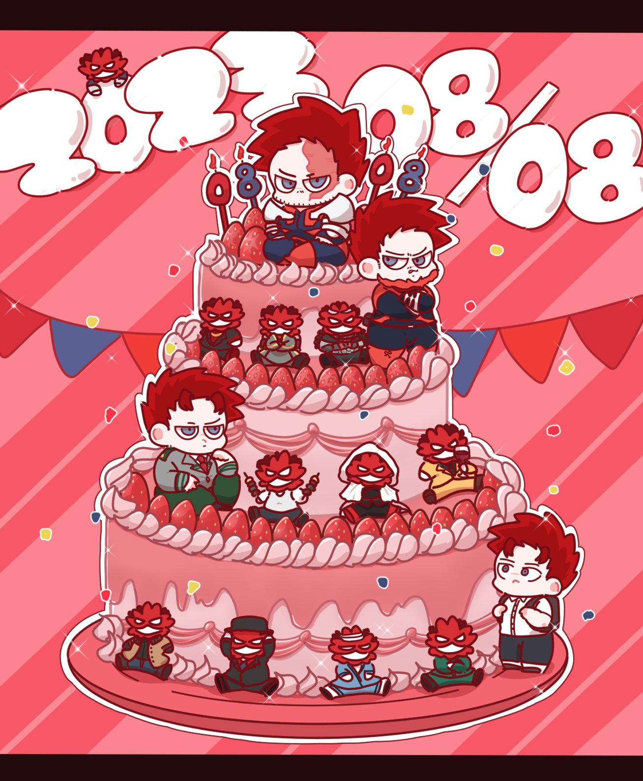 4boys age_progression aged_down beard beard_stubble birthday bodysuit boku_no_hero_academia character_cake chibi clone dated endeavor_(boku_no_hero_academia) facial_hair fedora food food_focus fruit hat highres jitome light_frown looking_at_viewer looking_up male_focus multiple_boys official_alternate_costume pink_theme scar scar_across_eye short_hair sideburns sparkle_background spiky_hair strawberry stubble yorozuyasamura6