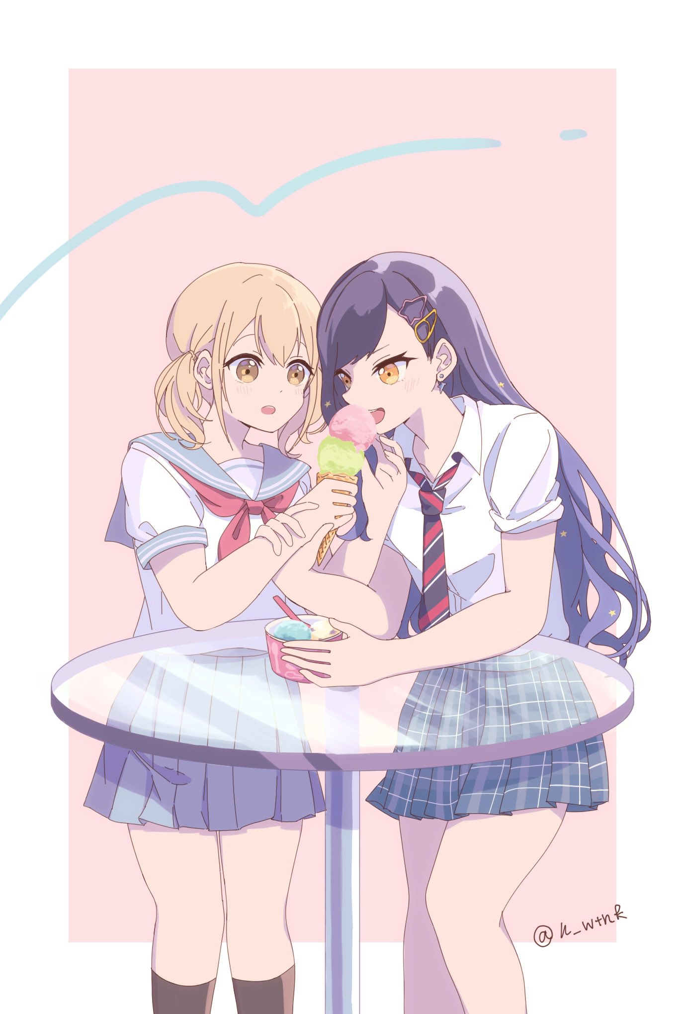 2girls :o azusawa_kohane bangs_pinned_back blue_skirt border bowl brown_eyes brown_hair collared_shirt dot_nose earrings feet_out_of_frame food glass_table grey_sailor_collar grey_skirt hair_between_eyes hair_ornament hairclip highres holding holding_another's_wrist holding_food holding_ice_cream ice_cream jewelry kamiyama_high_school_uniform_(project_sekai) long_hair low_twintails miyamasuzaka_girls'_academy_school_uniform multiple_girls neckerchief necktie open_mouth outside_border pink_background plaid plaid_skirt pleated_skirt project_sekai red_neckerchief sailor_collar school_uniform sharing_food shiraishi_an shirt short_hair short_sleeves short_twintails simple_background skirt sleeves_rolled_up straight_hair striped_necktie stud_earrings swept_bangs table twintails twitter_username watameki_(pixiv_33969409) white_border white_shirt