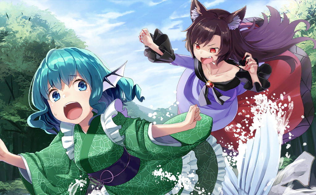 2girls animal_ear_fluff animal_ears black_scarf black_trim blue_eyes blue_hair blue_sky blue_tail brown_hair chasing clenched_hands clouds dress eyelashes fang fingernails fins fleeing floral_print frilled_kimono frilled_sleeves frills game_cg gem green_kimono head_fins imaizumi_kagerou japanese_clothes kimono long_dress long_hair long_sleeves loose_hair_strand mermaid monster_girl multiple_girls obi off-shoulder_dress off_shoulder official_art open_mouth outdoors purple_sash raised_eyebrows red_dress red_eyes red_gemstone red_nails rock sash scarf sharp_fingernails short_hair sky splashing teeth third-party_source tokumaro touhou touhou_cannonball tree two-tone_dress upper_teeth_only v-shaped_eyebrows wakasagihime water_drop wavy_hair werewolf white_dress wolf_ears