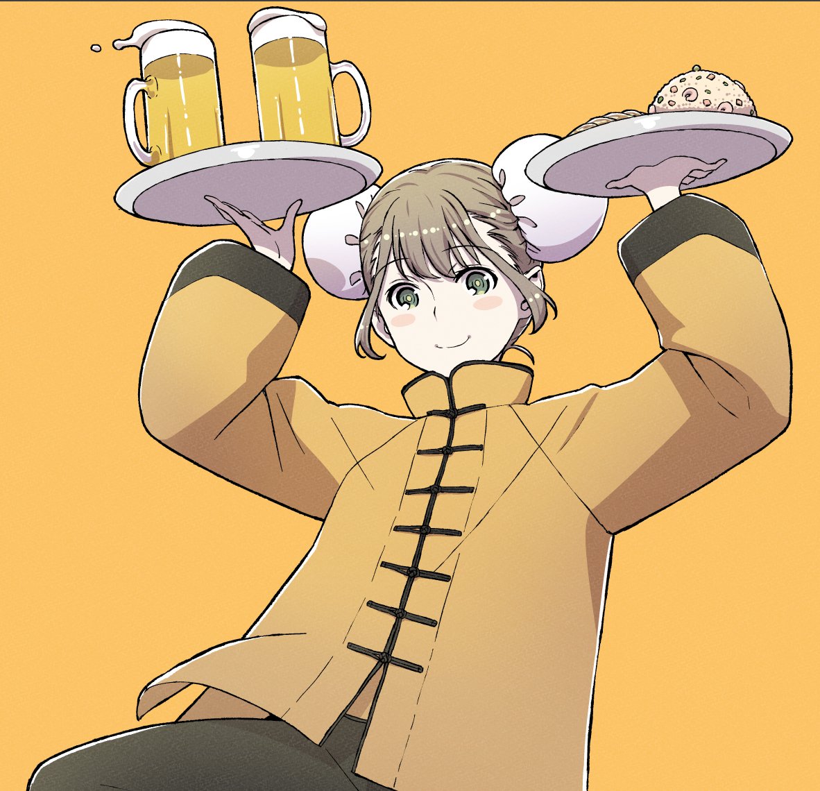 1girl alcohol beer beer_mug blush_stickers bou brown_hair bun_cover chinese_clothes commentary_request cup double_bun food fuu-chan_(fuu-chan_no_ana) fuu-chan_no_ana green_eyes hair_bun holding holding_tray mug smile solo tray upper_body
