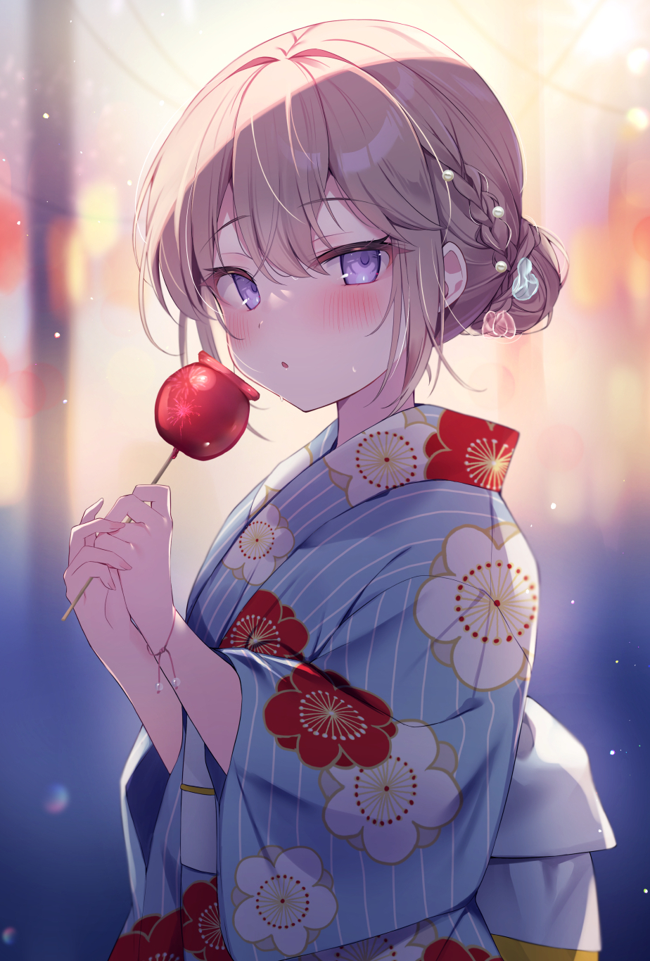 1girl blue_kimono blurry blurry_background blush braid brown_hair candy_apple commentary_request depth_of_field ebihara_beniko floral_print food hair_between_eyes hair_bun hands_up highres holding holding_food japanese_clothes kimono long_sleeves looking_at_viewer obi original parted_lips print_kimono sash solo striped striped_kimono vertical-striped_kimono vertical_stripes violet_eyes wide_sleeves yukata
