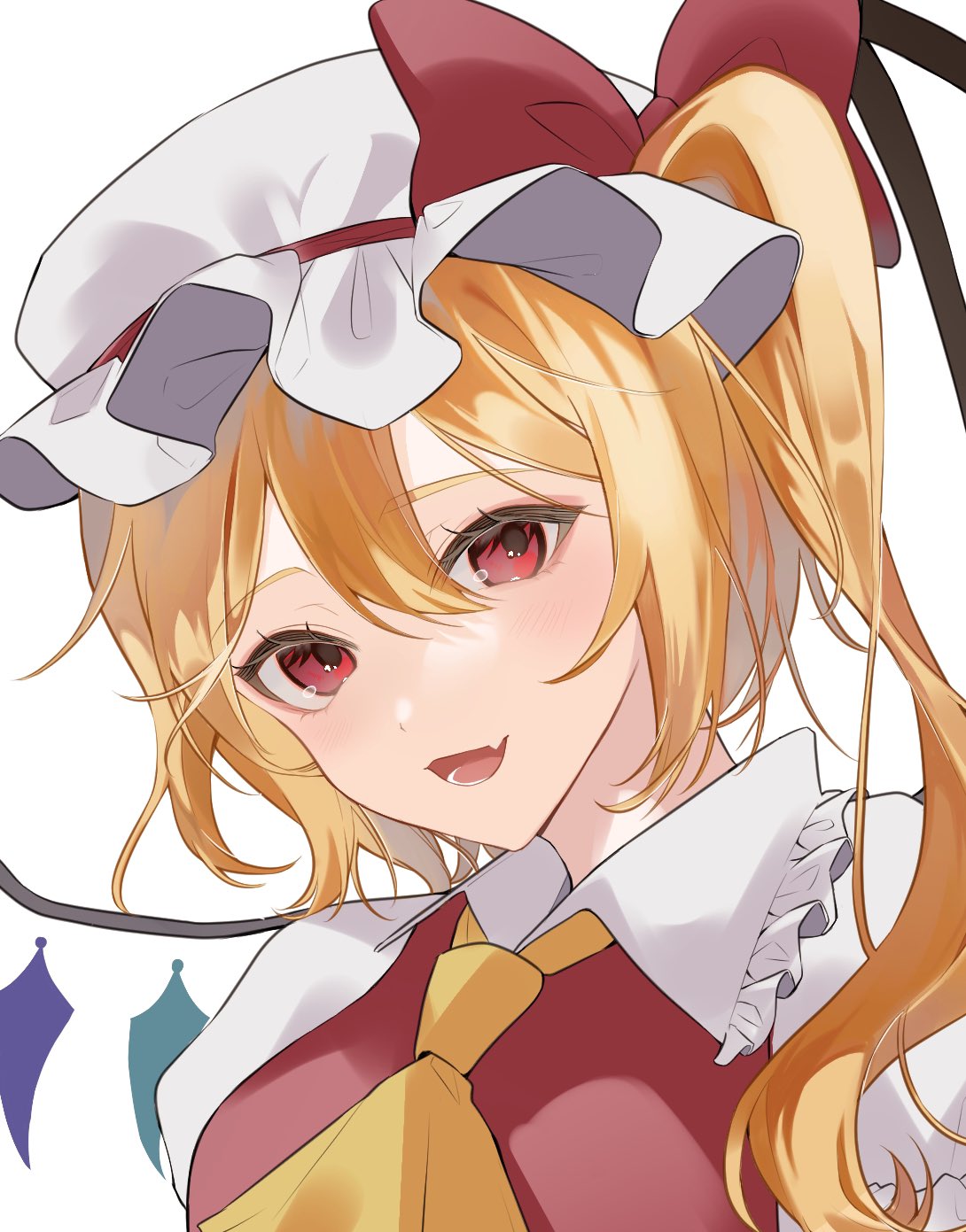 1girl :d ascot blonde_hair bow collared_shirt commentary_request fang flandre_scarlet frilled_shirt_collar frills hair_between_eyes hat hat_bow highres long_hair looking_at_viewer mob_cap open_mouth red_bow red_eyes red_vest shirt side_ponytail simple_background skin_fang smile solo touhou upper_body uzmee vest white_background white_headwear white_shirt wings yellow_ascot
