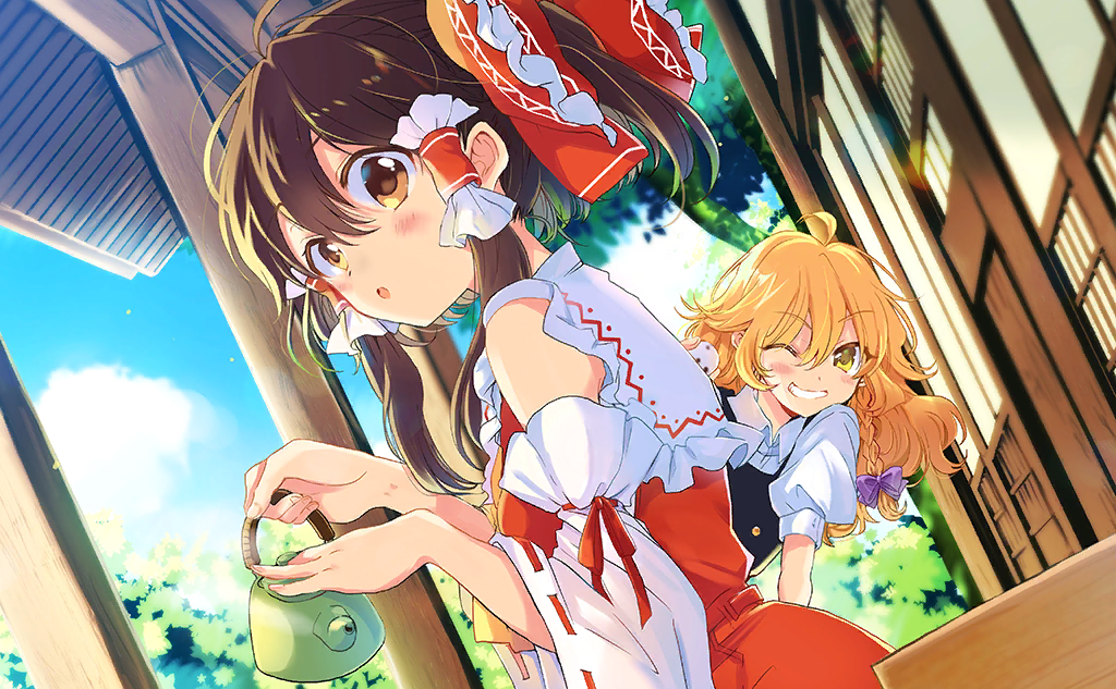2girls :o ahoge ascot bare_shoulders black_vest blonde_hair blue_sky blush bow braid brown_eyes brown_hair bush buttons clouds collar collared_shirt collared_vest detached_sleeves dutch_angle eyelashes fingernails frilled_bow frilled_collar frilled_hair_tubes frills from_side game_cg hair_bow hair_tubes hakurei_reimu hakurei_shrine holding_kettle kirisame_marisa long_hair long_sleeves looking_at_viewer medium_hair multiple_girls no_headwear official_art one_eye_closed open_mouth outdoors ponytail poprication puffy_short_sleeves puffy_sleeves purple_bow red_bow red_skirt red_vest ribbon-trimmed_sleeves ribbon_trim shirt short_sleeves sidelocks single_braid skirt skirt_set sky sleeve_bow smile teeth third-party_source touhou touhou_cannonball tree veranda vest wavy_hair white_collar white_shirt white_sleeves yellow_ascot yellow_eyes