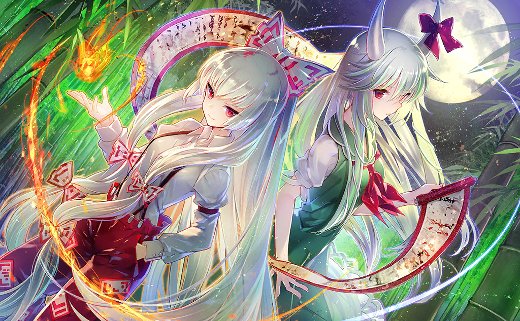 2girls bamboo bamboo_forest bow buttons closed_mouth collared_shirt collared_vest ex-keine fire forest fujiwara_no_mokou full_moon game_cg green_skirt green_vest hair_bow hand_in_pocket holding holding_scroll horn_bow horn_ornament horns kamishirasawa_keine light_green_hair long_hair long_sleeves miniskirt miyuki_ruria moon multiple_girls multiple_hair_bows nature neckerchief night night_sky official_art ofuda ofuda_on_clothes outstretched_hand pants parted_lips puffy_pants puffy_short_sleeves puffy_sleeves pyrokinesis red_bow red_eyes red_neckerchief red_pants red_trim scroll shirt short_sleeves sidelocks skirt skirt_set sky sleeve_garter smile suspenders third-party_source touhou touhou_cannonball tsurime very_long_hair vest white_bow white_hair white_horns white_shirt