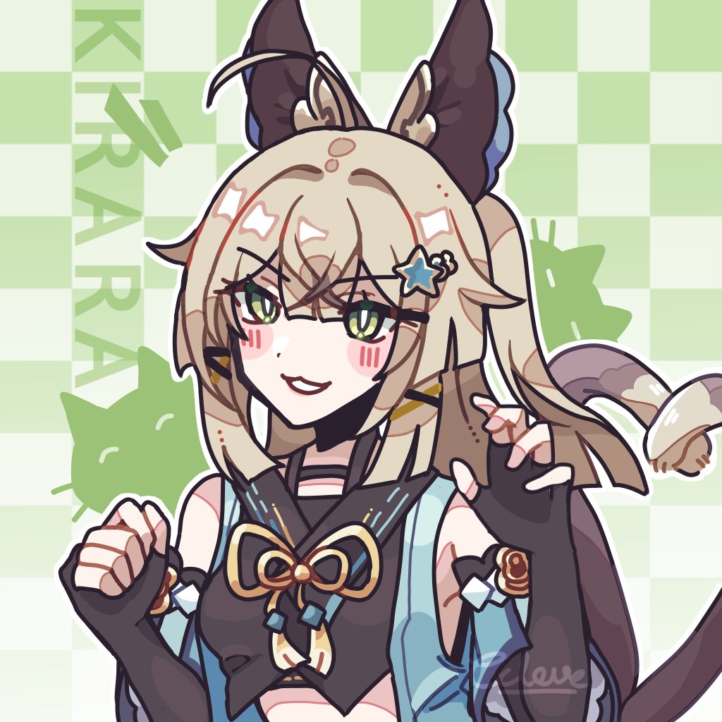 1girl :3 ahoge animal_ears bare_shoulders black_gloves black_tank_top blush_stickers bow brown_bow cat_ears cat_girl cat_tail character_name checkered_background claw_pose commentary crossed_bangs eclove elbow_gloves english_commentary genshin_impact gloves green_background green_eyes hair_intakes hands_up head_tilt kirara_(genshin_impact) komaniya_express_(genshin_impact) light_brown_hair looking_at_viewer midriff multiple_tails nekomata parted_bangs paw_pose tail tank_top two_tails upper_body