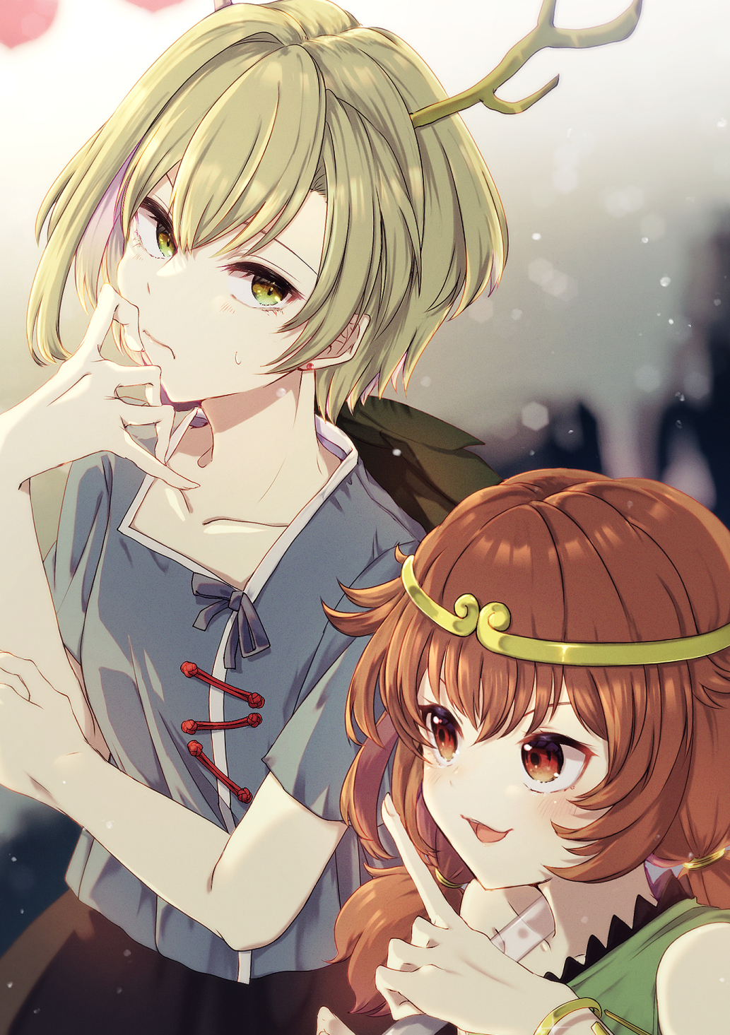 2girls antlers aoi_(annbi) blonde_hair blue_shirt blush brown_eyes brown_hair circlet closed_mouth dragon_horns dress fingernails green_dress highres horns kicchou_yachie long_hair low_twintails multiple_girls open_mouth shirt short_hair short_sleeves smile son_biten touhou turtle_shell twintails unfinished_dream_of_all_living_ghost yellow_eyes yellow_horns