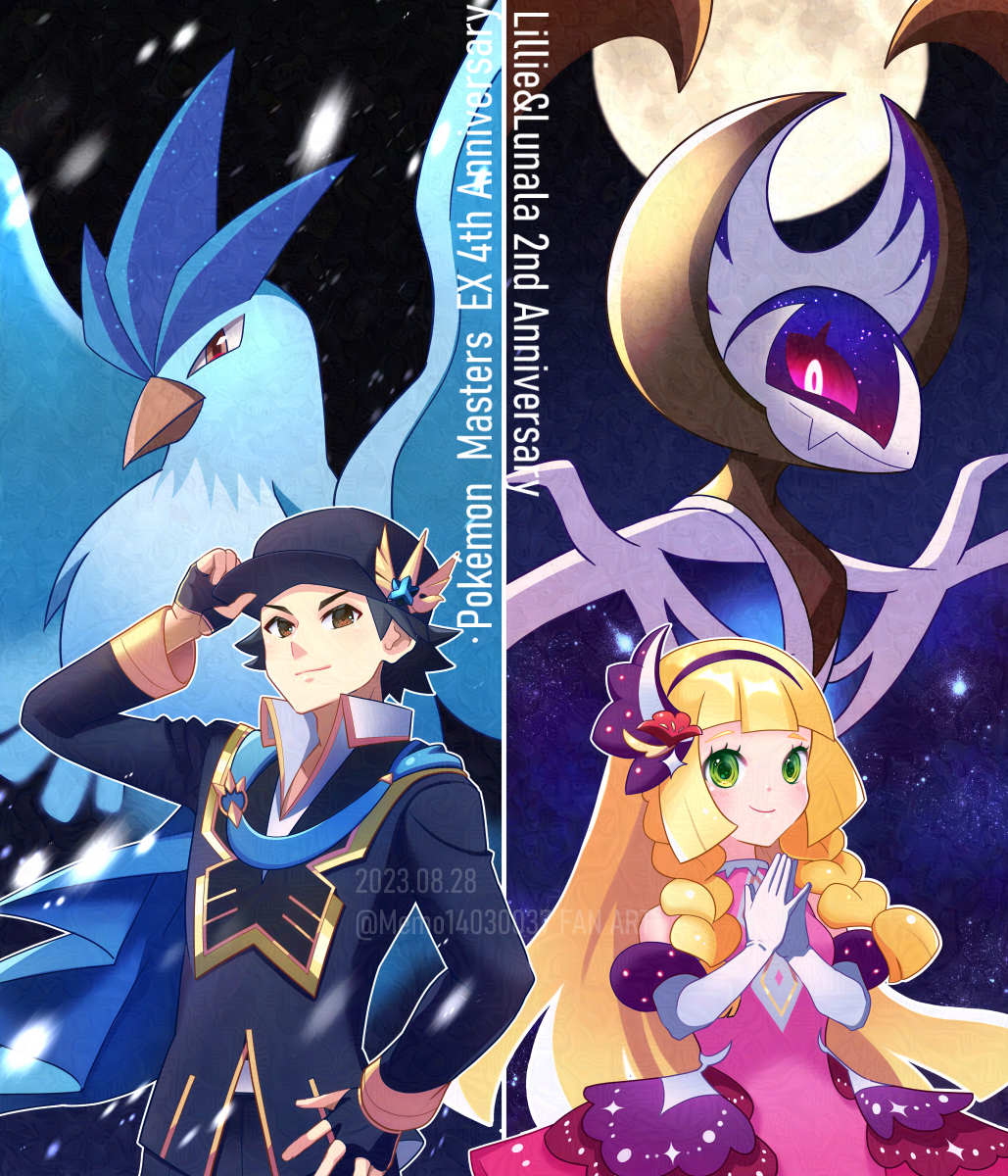 1boy 1girl alternate_color anniversary articuno beak black_headwear blonde_hair commentary_request dated dress fingerless_gloves gloves green_eyes hand_on_own_hip highres lillie_(anniversary_2021)_(pokemon) lillie_(pokemon) looking_at_viewer lunala memo14030037 moon official_alternate_costume own_hands_together pokemon pokemon_(creature) pokemon_(game) pokemon_masters_ex red_(champion)_(pokemon) red_(pokemon) smile star_(sky) watermark wings
