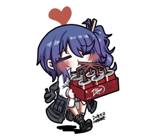 1girl =_= artist_name black_footwear blue_hair blush box brand_name_imitation chibi clip_studio_paint_(medium) closed_eyes clothes_around_waist clothes_pin coat commentary_request dated dr_pepper drink drinking drinking_straw drinking_straw_in_mouth girls_frontline grey_coat hair_between_eyes hair_ornament heart holding holding_box jacket jacket_around_waist k11_(girls'_frontline) korean_commentary lab_coat long_hair lowres madcore off_shoulder shoes side_ponytail simple_background solo walking white_background