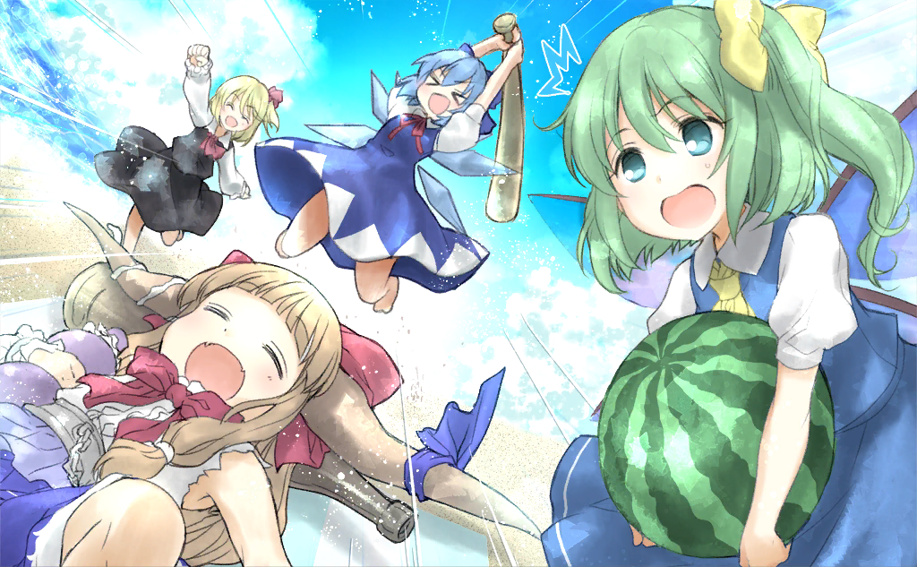 &gt;_&lt; 4girls ^^^ arms_up ascot baseball_bat beach beach_mat belt black_skirt black_vest blonde_hair blue_bow blue_dress blue_hair blue_skirt blue_sky blue_vest bow bowtie brown_hair brown_horns buttons cirno clenched_hand closed_eyes clouds collared_shirt cuffs daiyousei dress emphasis_lines fairy fairy_wings fangs food frilled_sleeves frilled_wrist_cuffs frills fruit fujieda_miyabi game_cg green_eyes green_hair grey_belt hair_bow hair_ribbon holding holding_baseball_bat holding_food holding_fruit holding_gourd horn_ornament horn_ribbon horns ibuki_suika ice ice_wings leg_up long_hair long_sleeves low-tied_long_hair lying medium_hair miniskirt multiple_girls official_art on_back oni oni_horns open_mouth outdoors outstretched_arm puffy_long_sleeves puffy_short_sleeves puffy_sleeves purple_ribbon purple_skirt red_bow red_bowtie red_ribbon ribbon rumia sand shackles shirt short_dress short_hair short_sleeves side_ponytail sidelocks skirt skirt_set sky sleeping sleeveless sleeveless_shirt smile sweatdrop third-party_source torn_clothes torn_shirt touhou touhou_cannonball vest watermark white_ribbon white_shirt white_trim white_wrist_cuffs wings yellow_ascot yellow_bow