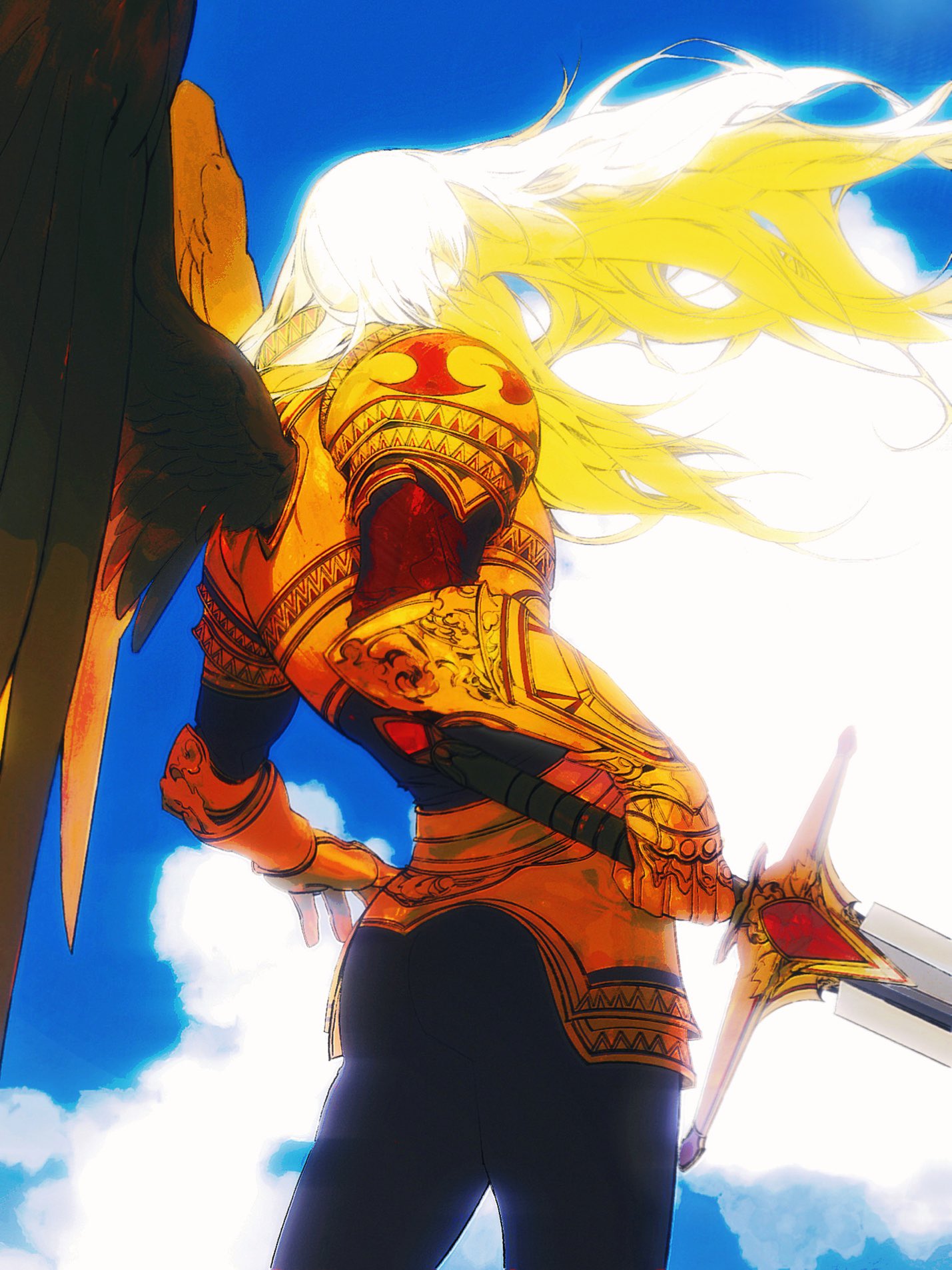 1girl angel_wings armor armored_gloves blonde_hair blue_sky chest_armor clouds feathered_wings floating_hair from_behind full_armor highres holding holding_sword holding_weapon jian_tai_(cuoyu0) kayle_(league_of_legends) league_of_legends light long_hair outdoors shoulder_armor sky solo sunlight sword weapon wings