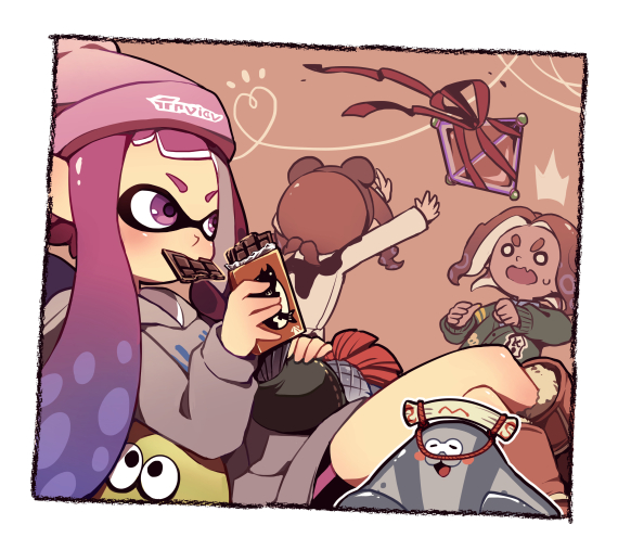 1boy 3girls ^^^ agent_3_(splatoon_3) agent_4_(splatoon) agent_8_(splatoon) animal_ear_headwear beanie big_man_(splatoon) black_hairband black_scarf black_shorts black_vest blush_stickers boots border brown_footwear buttons chocolate creature crossed_legs dark-skinned_female dark_skin eating fang food fur_trim gift green_jacket grey_hoodie hairband hat heart holding holding_chocolate holding_creature holding_food hood hood_down hoodie inkling inkling_girl jacket long_sleeves looking_ahead mouth_hold multiple_girls no_pupils notice_lines octoling octoling_girl open_mouth orange_background outstretched_arms pink_eyes pink_hair pink_headwear pointy_ears potsupo red_ribbon redhead ribbon ribbon-trimmed_vest scarf shirt shorts sitting smallfry_(splatoon) smile splatoon_(series) splatoon_3 stingray sweatdrop sweater_jacket tentacle_hair throwing v-shaped_eyebrows vest white_border white_shirt