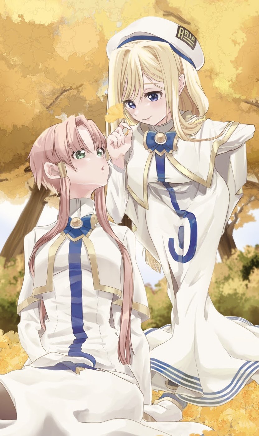 2girls alicia_florence aogirism aria aria_company_uniform autumn_leaves beret blonde_hair blue_bow blue_bowtie blue_ribbon blush bow bowtie breasts brown_pantyhose capelet dress eyelashes feet_out_of_frame gold_trim hand_up hat hat_ribbon headwear_removed highres holding impossible_clothes impossible_dress leaf leaning_forward long_hair long_sleeves looking_at_another mizunashi_akari multiple_girls on_ground open_mouth pantyhose parted_bangs pink_hair print_dress ribbon short_hair_with_long_locks side_slit sidelocks sitting small_breasts smile standing tree very_long_hair white_capelet white_headwear
