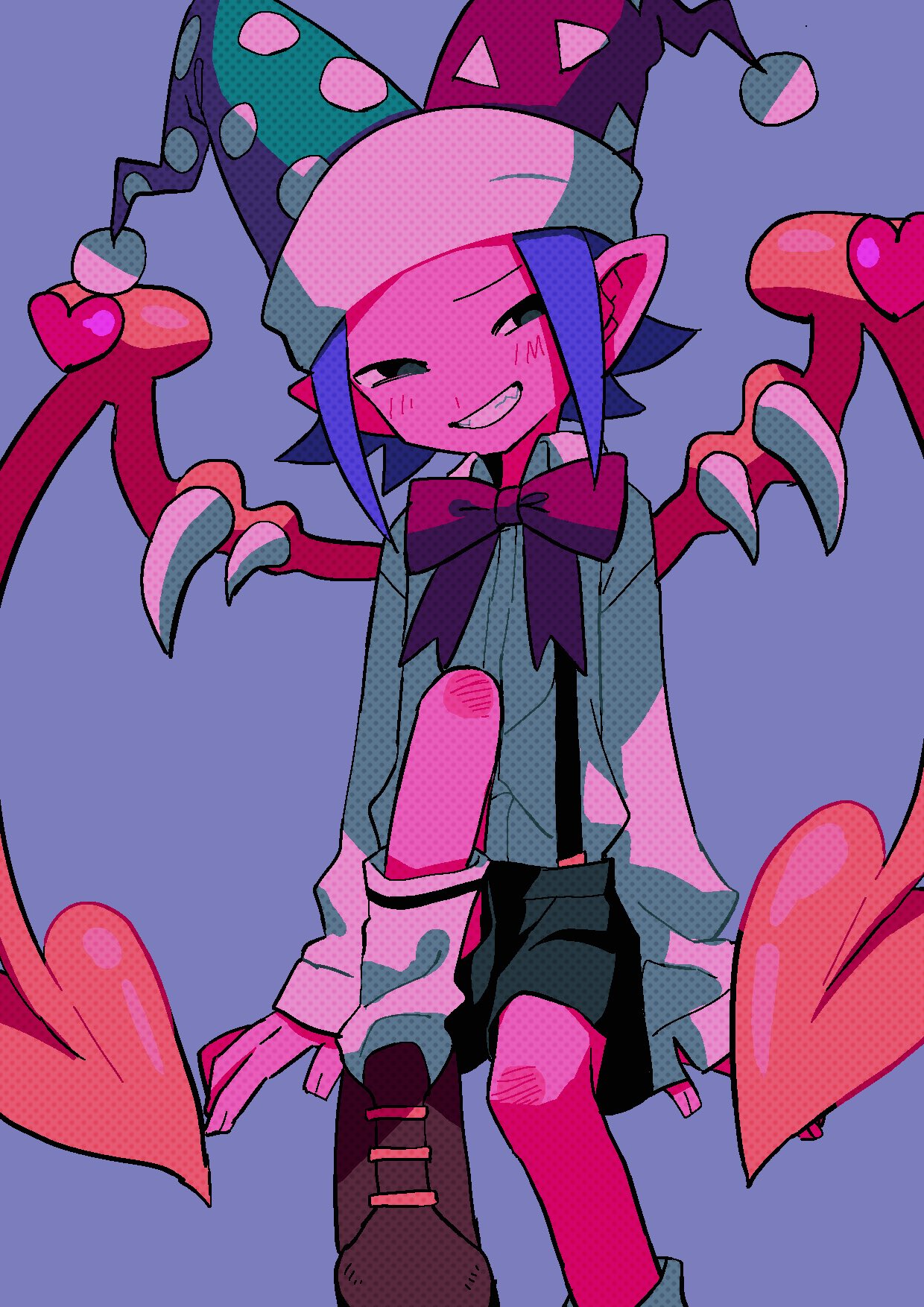 1boy black_eyes black_shorts blue_background bow brown_footwear collared_shirt fingernails grin hat highres humanization jester_cap kirby_(series) long_sleeves loose_socks male_focus marx_(kirby) menma_(enaic31) multicolored_clothes multicolored_headwear purple_hair red_bow shirt short_hair shorts simple_background sitting sleeves_past_wrists smile socks solo suspenders white_socks wings