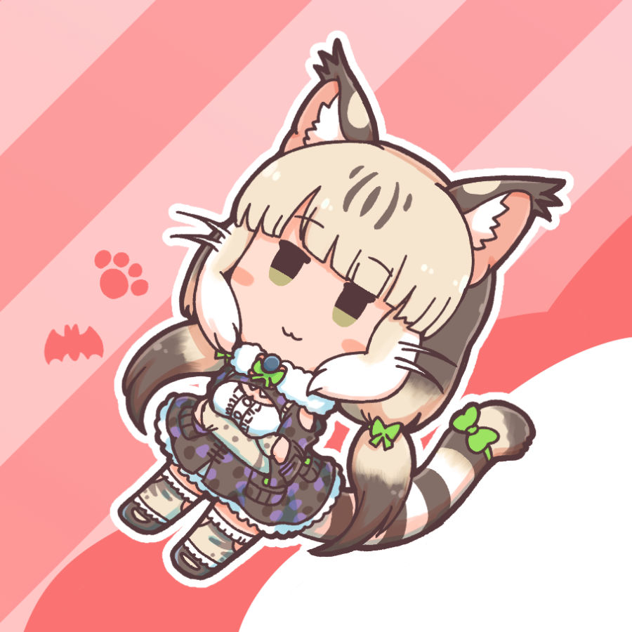1girl animal_ears camouflage cat_ears cat_girl cat_tail extra_ears full_body green_eyes grey_hair jungle_cat_(kemono_friends) kemono_friends kemono_friends_v_project kneehighs looking_at_viewer microphone numazoko_namazu pink_background ribbon shirt shoes simple_background skirt socks solo tail twintails virtual_youtuber