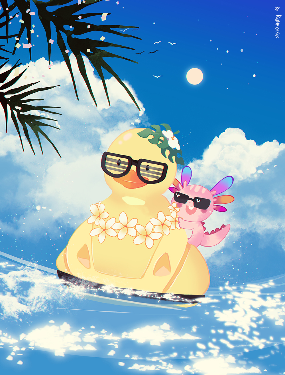 afloat artist_name blue_sky branch clouds cloudy_sky full_moon highres mabinogi moon mouse no_humans ocean outdoors reflection reflective_water reinforced rubber_duck scenery shutter_shades simple_bird sky sunglasses water