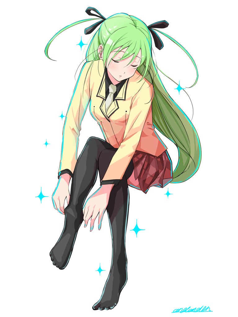 1girl adjusting_clothes adjusting_legwear alice_carroll andanden aria black_ribbon black_shirt black_thighhighs blush closed_eyes closed_mouth collared_shirt green_hair hair_ribbon invisible_chair jacket knees_together_feet_apart leaning_forward long_hair long_sleeves miniskirt necktie no_shoes pleated_skirt red_skirt ribbon school_uniform shirt sidelocks signature simple_background sitting skirt solo sparkle thigh-highs two_side_up very_long_hair white_background white_necktie yellow_jacket
