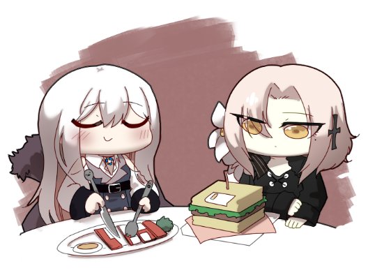 2girls aug_(girls'_frontline) black_jacket blonde_hair blush bread broccoli chibi closed_eyes closed_mouth commentary cross_hair_ornament cutting egg_(food) expressionless eyes_visible_through_hair floppy_disk flower food fur_trim girls_frontline hair_between_eyes hair_flower hair_ornament hair_over_one_eye holding holding_knife holding_spork jacket kar98k_(girls'_frontline) knife lettuce long_hair long_sleeves madcore multiple_girls plate sandwich simple_background smile square table u_u what white_hair yellow_eyes