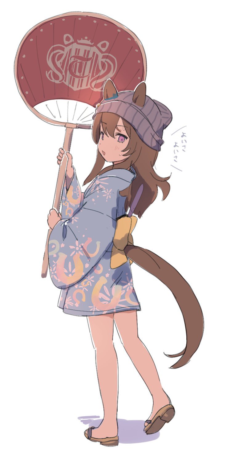 1girl animal_ears back_bow beanie blue_kimono blush bow brown_hair colored_shadow commentary_request ears_through_headwear full_body hair_between_eyes hand_up hat highres holding horse_ears horse_girl horse_tail japanese_clothes kanako_(hmybrw) kimono long_hair long_sleeves looking_at_viewer looking_to_the_side nakayama_festa_(umamusume) shadow short_kimono simple_background solo standing sweat tail translation_request umamusume violet_eyes white_background wide_sleeves yellow_bow
