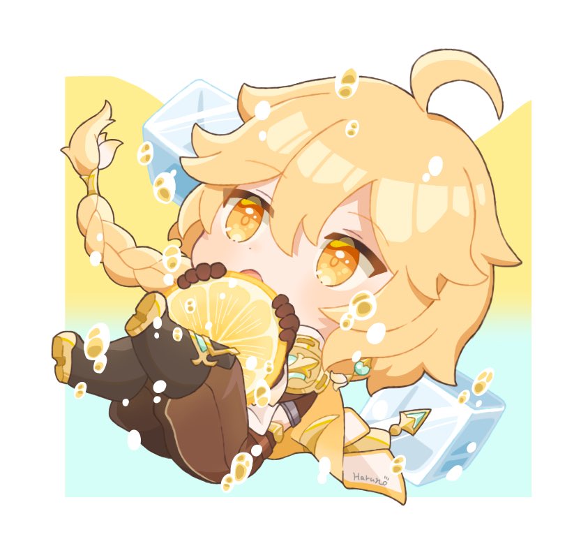 1boy 22haruno aether_(genshin_impact) ahoge arm_armor armor artist_name baggy_pants black_footwear blonde_hair blue_background blush boots border braid brown_gloves brown_pants brown_shirt chibi crystal earrings food fruit genshin_impact gloves gold_trim gradient_background hair_between_eyes hair_ornament hands_up holding holding_food ice jewelry legs_up lemon lemon_slice long_hair looking_up male_focus multicolored_background open_mouth orange_eyes outside_border pants scarf shirt short_sleeves shoulder_armor single_earring solo tongue water_drop white_border white_scarf yellow_background