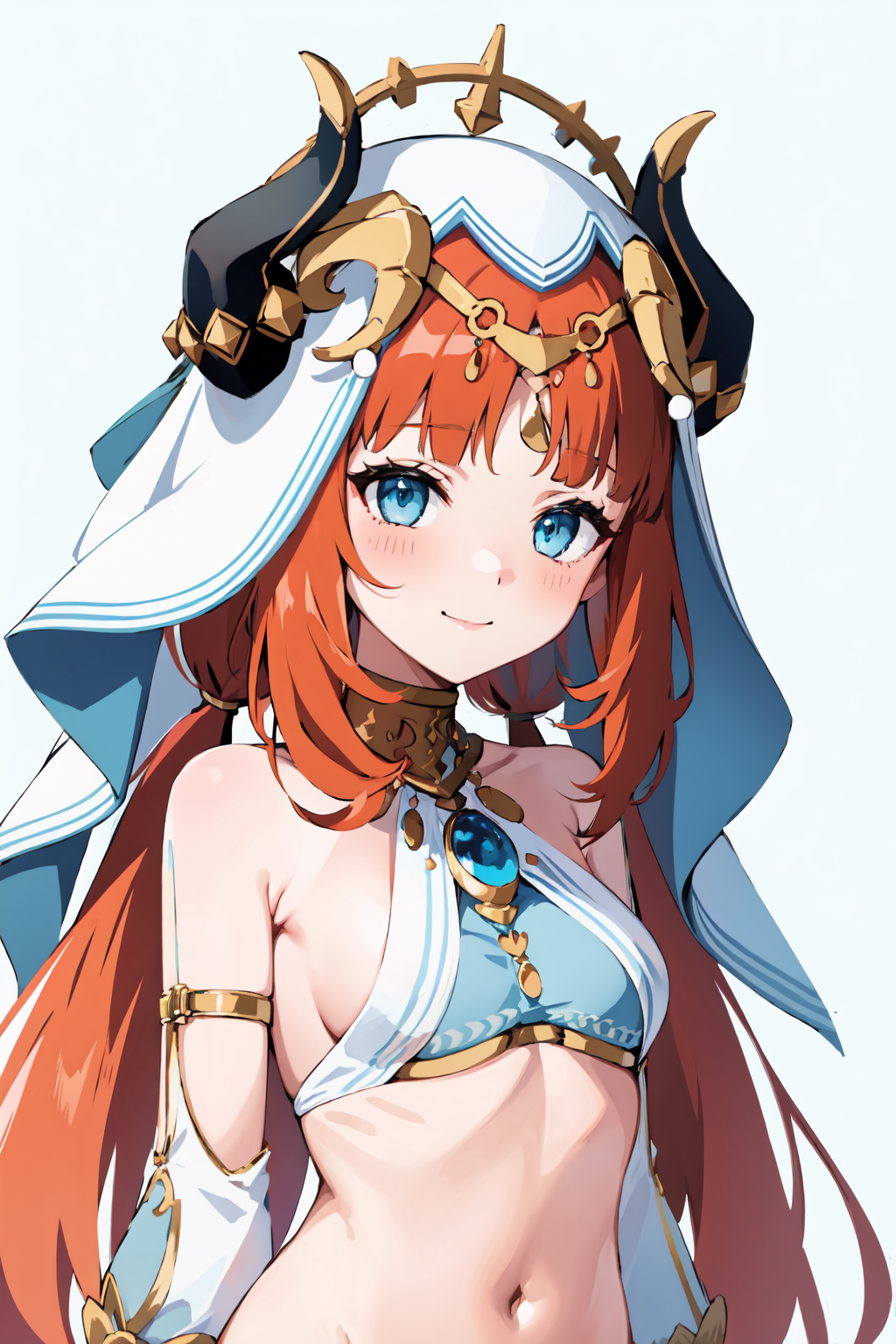1girl ai-generated blue_eyes blue_gemstone blue_nails breasts bridal_gauntlets closed_mouth crop_top detached_sleeves fake_horns gem genshin_impact gold_trim harem_outfit highres horns light_blush looking_at_viewer low_twintails navel nilou_(genshin_impact) non-web_source redhead ribs simple_background small_breasts smile solo standing topless twintails upper_body white_background white_veil