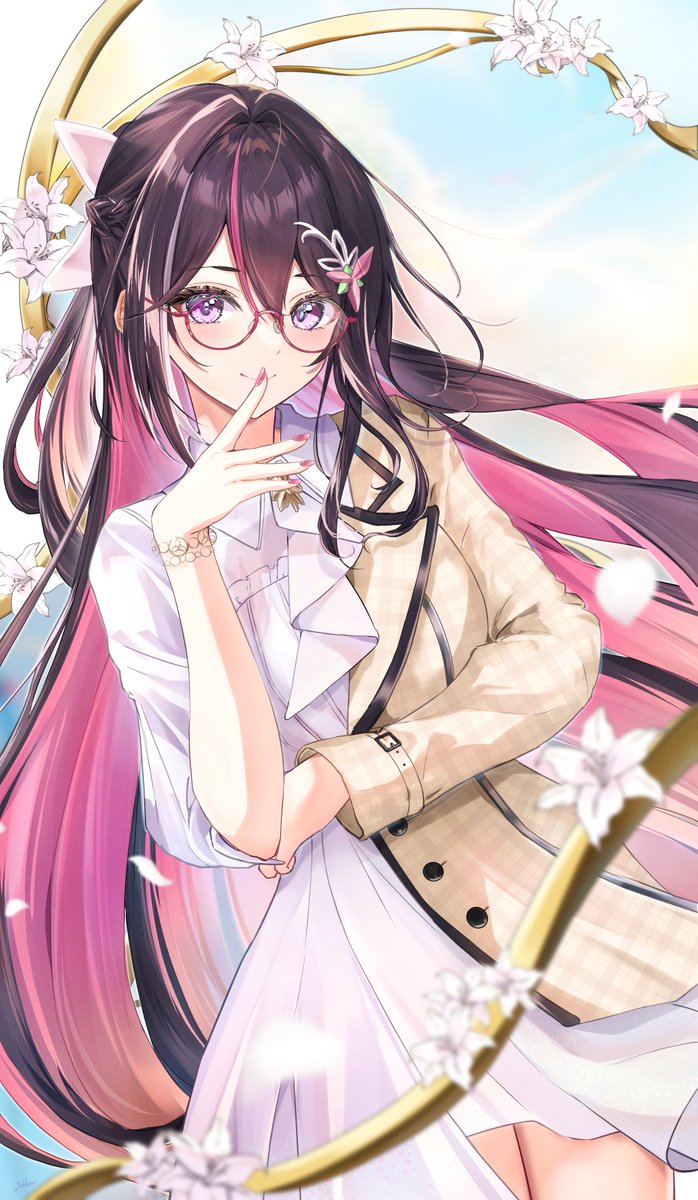 1girl ascot asymmetrical_sleeves azki_(4th_costume)_(hololive) azki_(hololive) bespectacled black_hair blush braid brown_jacket closed_mouth collared_dress colored_inner_hair double-parted_bangs dress flower french_braid glasses hair_between_eyes hair_flower hair_intakes hair_ornament hairclip half_updo highres hololive jacket long_hair looking_at_viewer md5_mismatch multicolored_hair nail_polish official_alternate_costume official_alternate_hair_length official_alternate_hairstyle pink_hair pink_nails puffy_sleeves red-framed_eyewear skirt skirt_under_dress sleeves_past_elbows smile solo streaked_hair very_long_hair violet_eyes virtual_youtuber white_ascot white_dress white_skirt yuki_haru