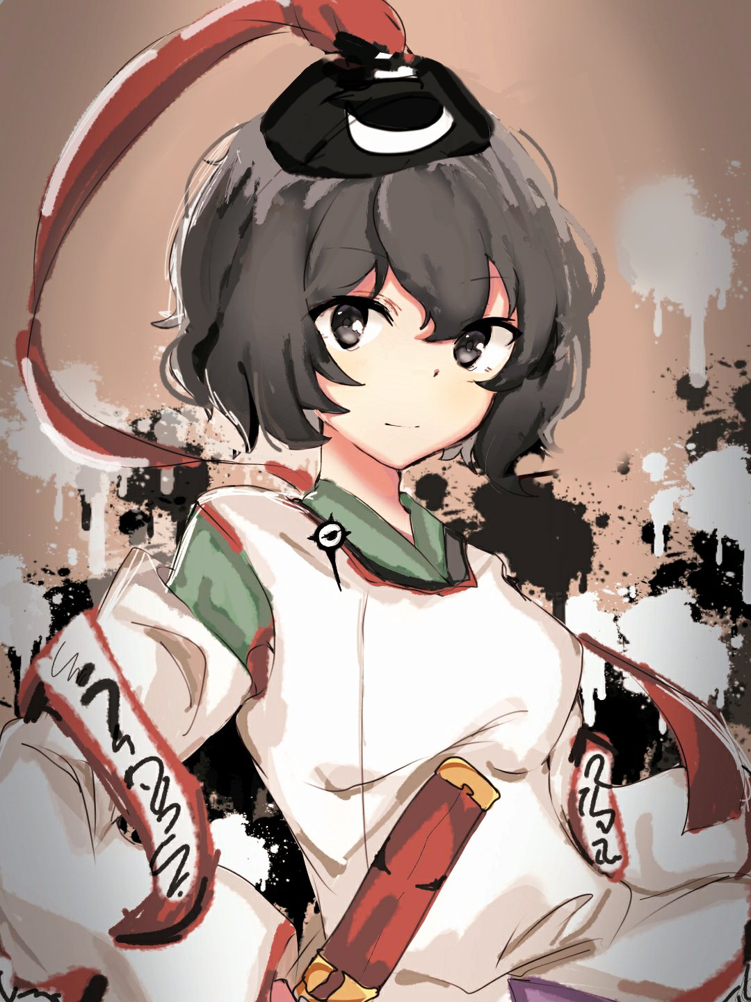 1other androgynous black_eyes black_hair black_headwear brown_background closed_mouth detached_sleeves english_commentary eye_of_senri eye_on_hat hat hat_ribbon highres holding_rod huangdouliuhan japanese_clothes jinbei_(clothes) kariginu layered_sleeves len'en light_smile long_sleeves looking_at_viewer ofuda ofuda_on_clothes paint_splatter red_ribbon ribbon senri_tsurubami short_hair sketch upper_body white_sleeves