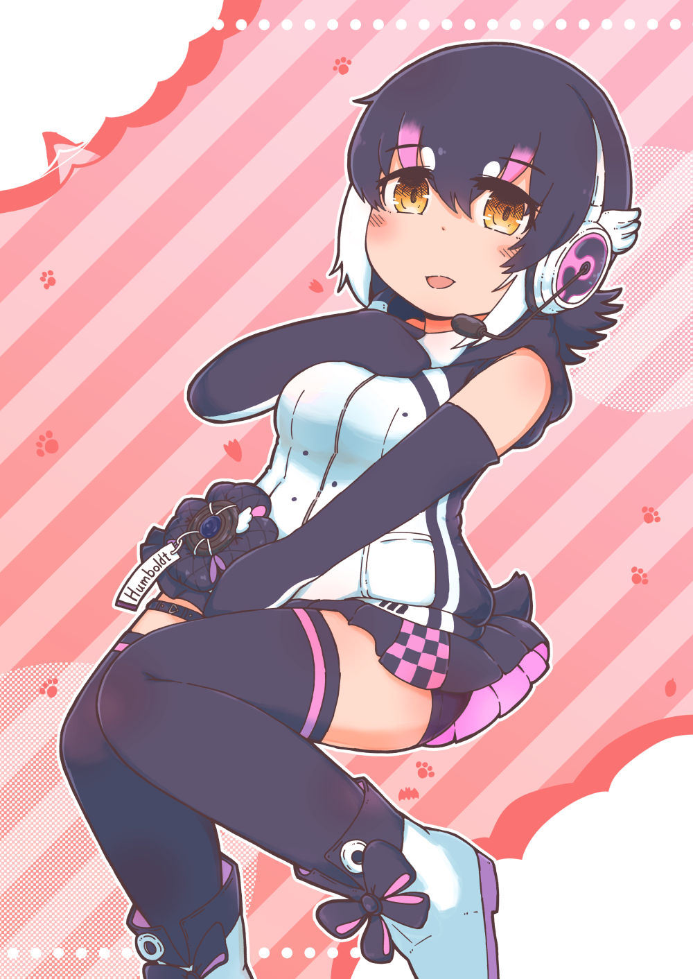 1girl animal_hood black_hair elbow_gloves gloves highres hood humboldt_penguin_(kemono_friends) kemono_friends kemono_friends_v_project kneehighs looking_at_viewer microphone multicolored_hair numazoko_namazu penguin_girl penguin_hood penguin_tail pink_background shoes short_hair simple_background skirt sleeveless socks solo tail virtual_youtuber yellow_eyes