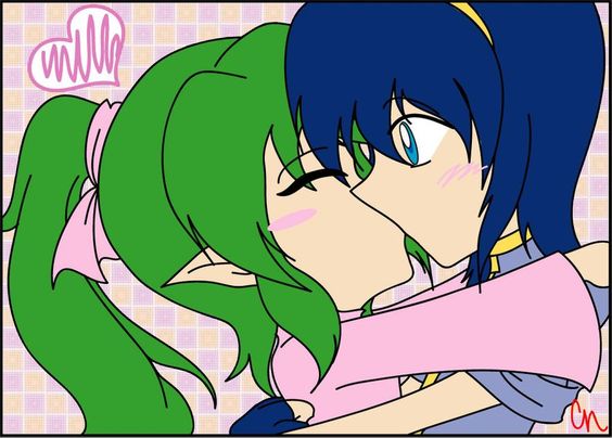 1boy 1girl blue_hair couple female fire_emblem green_hair kiss male marth marth_(fire_emblem) tiki_(fire_emblem) tiki_(young)_(fire_emblem)