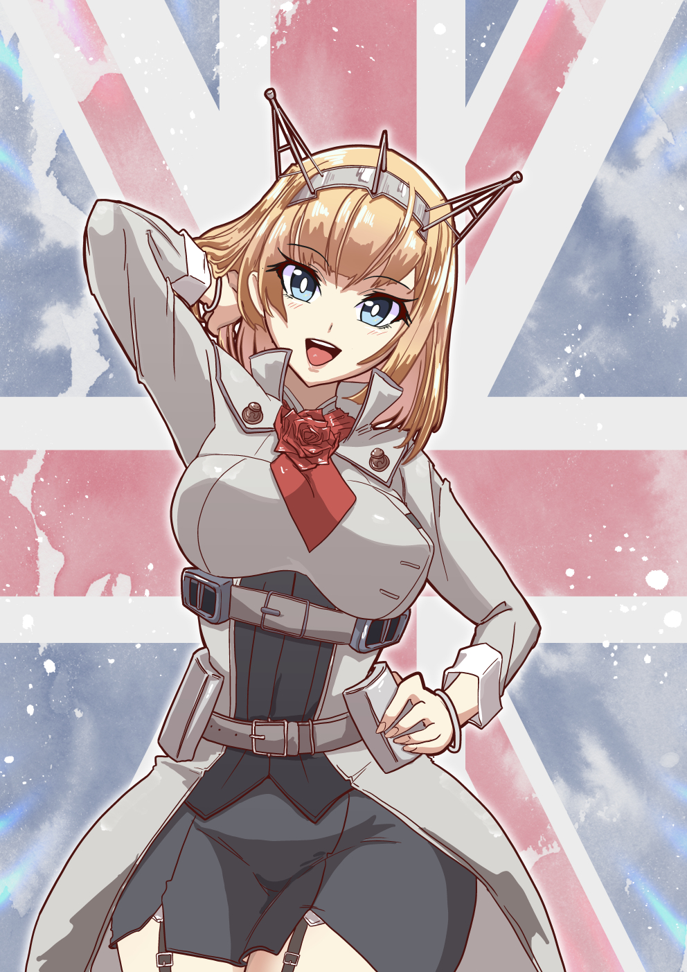1girl ascot belt blonde_hair blue_eyes cowboy_shot flower grey_belt hand_on_own_hip headgear highres kantai_collection long_sleeves looking_at_viewer military_uniform open_mouth red_ascot red_flower red_rose rodney_(kancolle) rose short_hair smile solo tsun'ichi_(tsun1) uniform union_jack