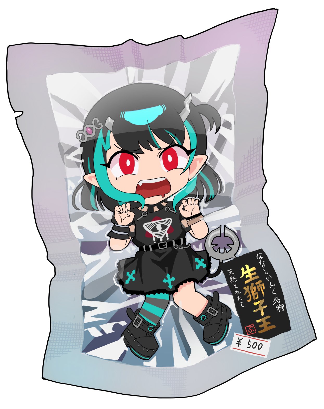 1girl belt black_belt black_dress black_footwear black_hair blue_hair blue_pantyhose boots bright_pupils buren chibi commentary_request cross_print demon_girl demon_horns demon_tail dress eye_hair_ornament eye_of_providence fang flat_chest full_body grey_pantyhose highres horns looking_at_viewer medium_bangs medium_hair multicolored_hair nanashi_inc. official_alternate_costume one_side_up open_mouth pantyhose pointy_ears price_tag print_dress red_eyes shishio_chris shishio_chris_(3rd_costume) short_sleeves simple_background single_leg_pantyhose solo striped striped_pantyhose tail two-tone_hair v-shaped_eyebrows vacuum_bag virtual_youtuber white_background white_pupils wristband
