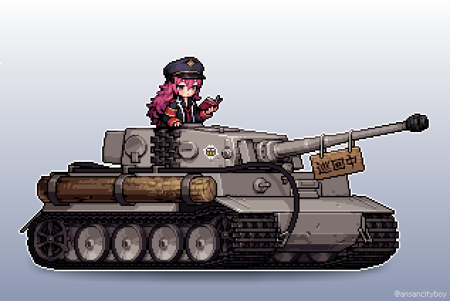 1girl artist_name blue_archive blush book commentary english_commentary from_side gradient_background grey_background grey_hair grey_headwear hat holding holding_book iroha_(blue_archive) long_sleeves military_hat military_uniform military_vehicle motor_vehicle necktie pink_hair pixel_art red_necktie sana_(ansancityboy) simple_background solo tank translation_request twitter_username uniform vehicle_request