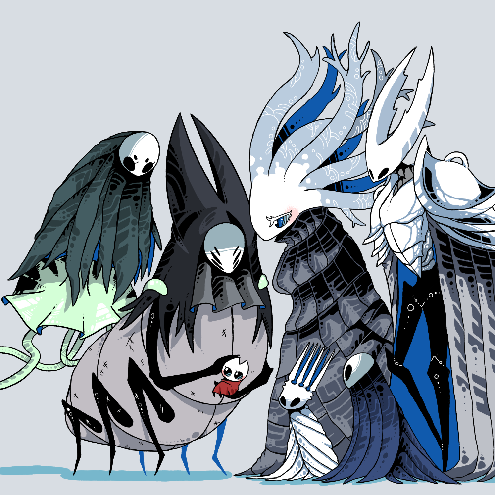 2boys 2others 3girls aged_down armor arthropod_boy arthropod_girl black_eyes black_skin blank_eyes blue_cloak blue_eyes blush blush_stickers breastplate bug carrying child cloak colored_eyelashes colored_skin commentary_request extra_eyes floating full_body grey_background grey_cloak herrah_(hollow_knight) hollow_knight hollow_knight_(character) hornet_(hollow_knight) looking_at_another looking_down lurien_(hollow_knight) monomon_(hollow_knight) monster_girl mother_and_daughter multiple_boys multiple_girls multiple_others pale_king_(hollow_knight) plant_girl profile red_cloak sakana_2-gou scratches shoulder_armor simple_background standing two-sided_cloak two-sided_fabric white_armor white_cloak white_lady_(hollow_knight) white_skin