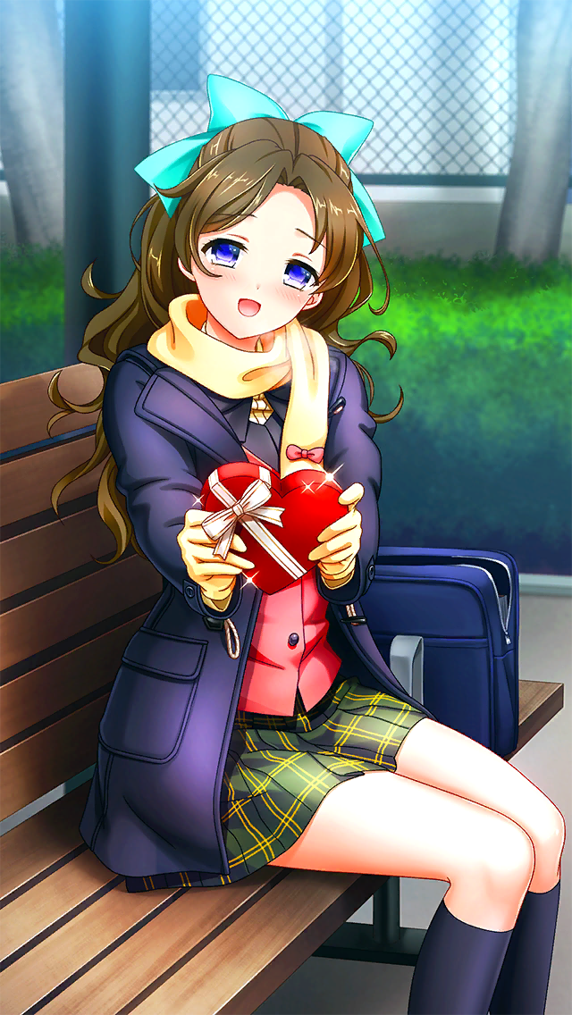 1girl :d bag bench black_socks blue_bow blue_coat blue_eyes bow box brown_hair coat day doukyuusei_another_world game_cg gloves green_skirt hair_bow hair_intakes heart-shaped_box holding holding_box kakyuusei_2 long_hair looking_at_viewer miniskirt open_clothes open_coat open_mouth outdoors plaid plaid_skirt pleated_skirt red_vest scarf school_bag shirai_yuuri sitting skirt smile socks solo sparkle vest yellow_gloves yellow_scarf