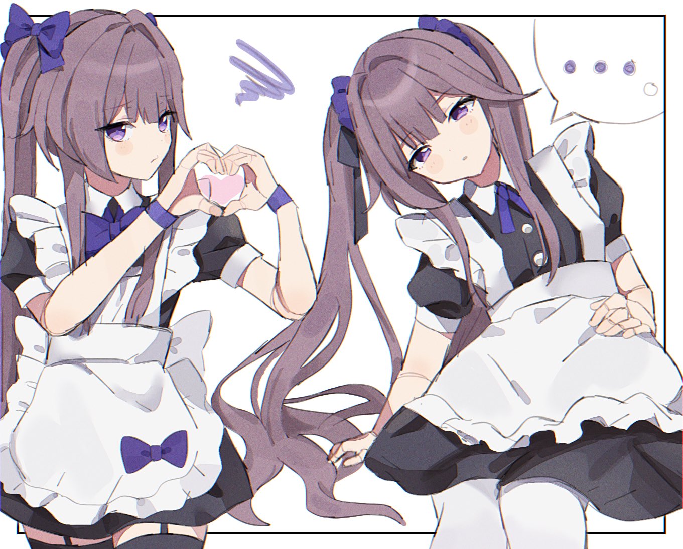 ... 1girl anaketsu apron arms_up back_bow black_dress black_thighhighs blush blush_stickers border bow brown_hair closed_mouth collared_dress commentary_request doll_joints dress embarrassed frilled_dress frills garter_straps hair_bow hair_ornament hair_over_shoulder hair_scrunchie hand_on_own_hip hands_up head_tilt heart heart_hands herta_(honkai:_star_rail) honkai:_star_rail honkai_(series) joints legs_together long_hair looking_at_viewer maid multiple_views pantyhose parted_bangs parted_lips pleated_sleeves puffy_short_sleeves puffy_sleeves purple_scrunchie purple_wristband scrunchie short_sleeves shy sidelocks simple_background single_thighhigh thigh-highs twintails two-tone_dress very_long_hair violet_eyes white_apron white_background white_bow white_pantyhose wristband