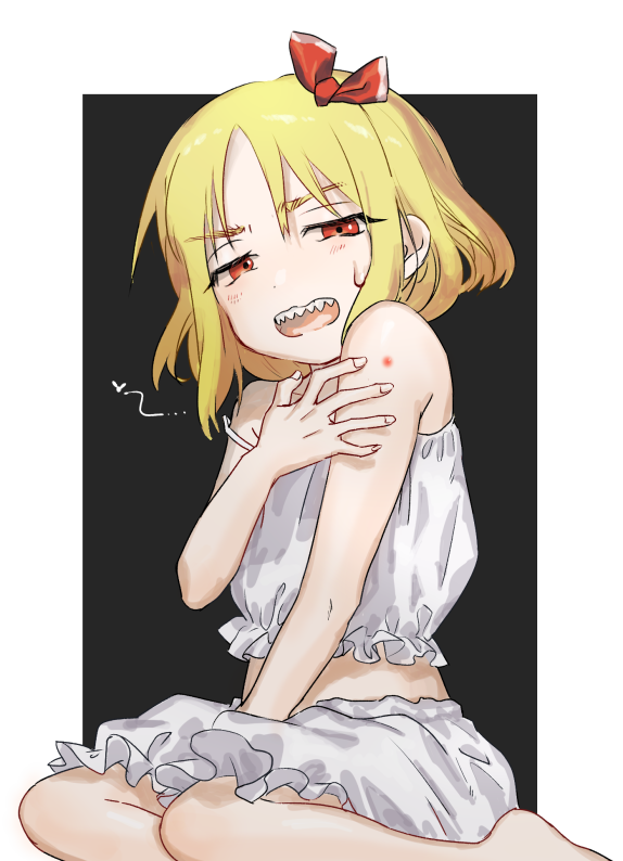1girl armpit_crease bare_arms bare_shoulders barefoot between_legs black_background blonde_hair bloomers blush border bow bug bug_bite camisole carbonara_hontyotyo crop_top d: dot_nose feet_out_of_frame frilled_camisole frills furrowed_brow hair_bow half-closed_eyes hand_between_legs hand_up looking_at_viewer midriff_peek narrowed_eyes open_mouth outside_border pain red_bow red_eyes rumia sharp_teeth short_hair simple_background sitting sleeveless solo spaghetti_strap strap_slip sweat teeth thick_eyebrows touhou underwear underwear_only upper_teeth_only white_bloomers white_border white_camisole yokozuwari