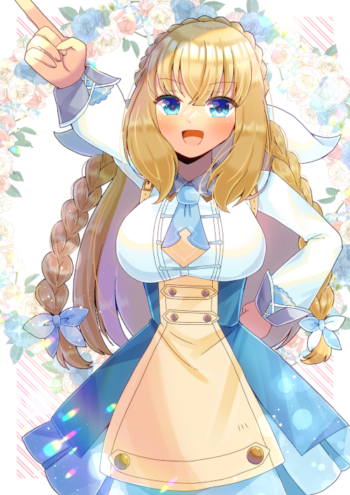 1girl :d arm_up blonde_hair blue_eyes blue_flower blue_ribbon blue_rose blue_sky blush braid breasts collared_shirt commentary_request commission crown_braid diagonal_stripes floral_background flower hair_between_eyes hair_ribbon isla_coleman kou_hiyoyo large_breasts long_hair long_sleeves outstretched_arm pink_flower pink_rose pleated_skirt production_kawaii puffy_long_sleeves puffy_sleeves ribbon rose shirt skeb_commission skirt sky smile solo striped striped_background twin_braids very_long_hair virtual_youtuber white_background white_flower white_ribbon white_rose white_shirt