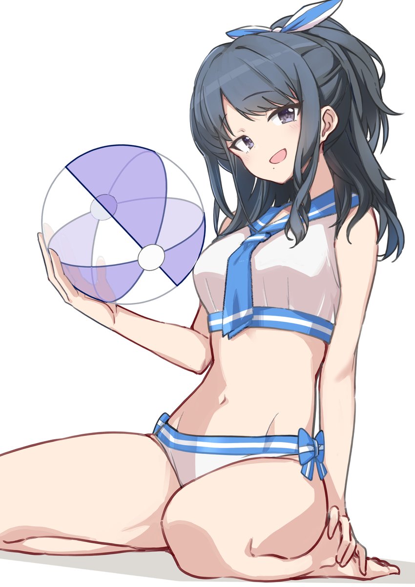 1girl arm_support azu_ankoowl ball barefoot beachball bikini black_eyes black_hair blue_bow blue_neckerchief blue_sailor_collar bow breasts commentary_request hair_ribbon half-closed_eyes hand_up highres holding holding_ball idolmaster idolmaster_shiny_colors kazano_hiori legs light_blush long_hair looking_at_viewer medium_breasts mole mole_under_mouth navel neckerchief open_mouth ponytail ribbon sailor_collar sailor_swimsuit_(idolmaster) seiza sidelocks sitting smile solo stomach swimsuit thighs white_background white_bikini