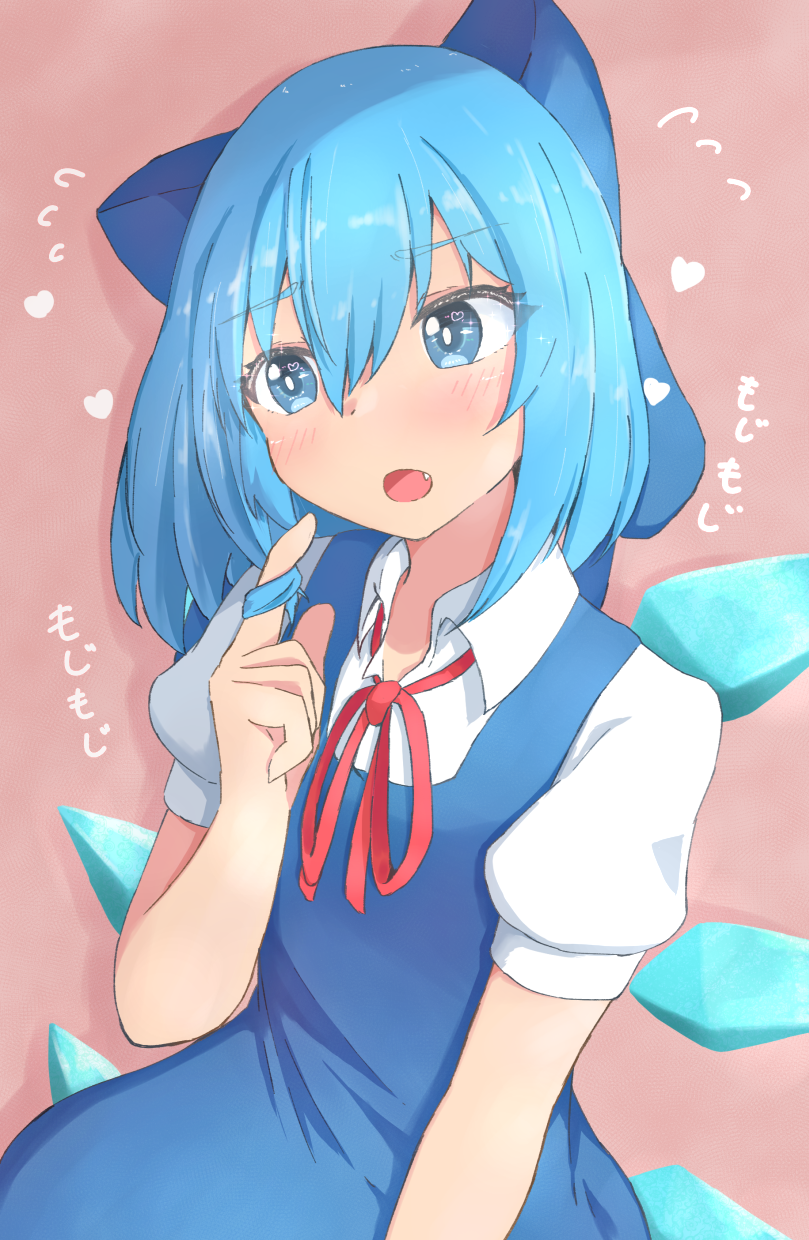 1girl blue_bow blue_dress blue_eyes blue_hair blush bow cirno collared_shirt dress fang flustered flying_sweatdrops furrowed_brow hair_between_eyes hair_bow hair_twirling hand_up heart highres ice ice_wings long_hair looking_to_the_side mizune_(winter) neck_ribbon open_mouth playing_with_own_hair ribbon shirt short_sleeves solo touhou upper_body white_shirt wing_collar wings