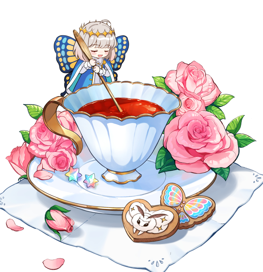 1boy ahoge blanca_(fate) blue_cape butterfly_wings cape closed_eyes cup diamond_hairband eyelashes fate/grand_order fate_(series) flower grey_hair heart-shaped_cookie leaf long_sleeves male_focus mini_person miniboy napkin oberon_(fate) open_mouth petals pink_flower pink_rose plate rose shirt short_hair simple_background solo spoon tea teacup weii2021 white_background white_shirt wings