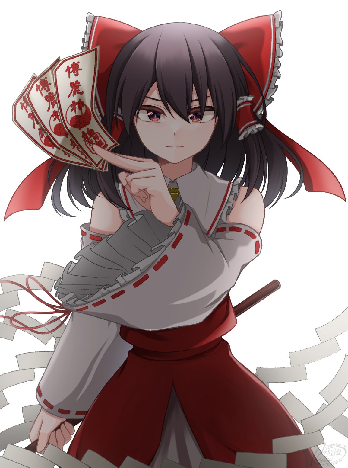 1girl arm_at_side backlighting bare_shoulders between_fingers black_hair bloom bow brown_eyes brown_hair closed_mouth commentary_request cowboy_shot detached_sleeves frilled_bow frilled_hair_tubes frilled_shirt_collar frills gohei hair_between_eyes hair_bow hair_tubes hakurei_reimu hand_up highres holding holding_stick long_hair long_sleeves looking_at_viewer mashiba_lei ofuda red_bow red_skirt red_vest ribbon-trimmed_sleeves ribbon_trim serious simple_background skirt skirt_set solo stick touhou v-shaped_eyebrows vest white_background wide_sleeves