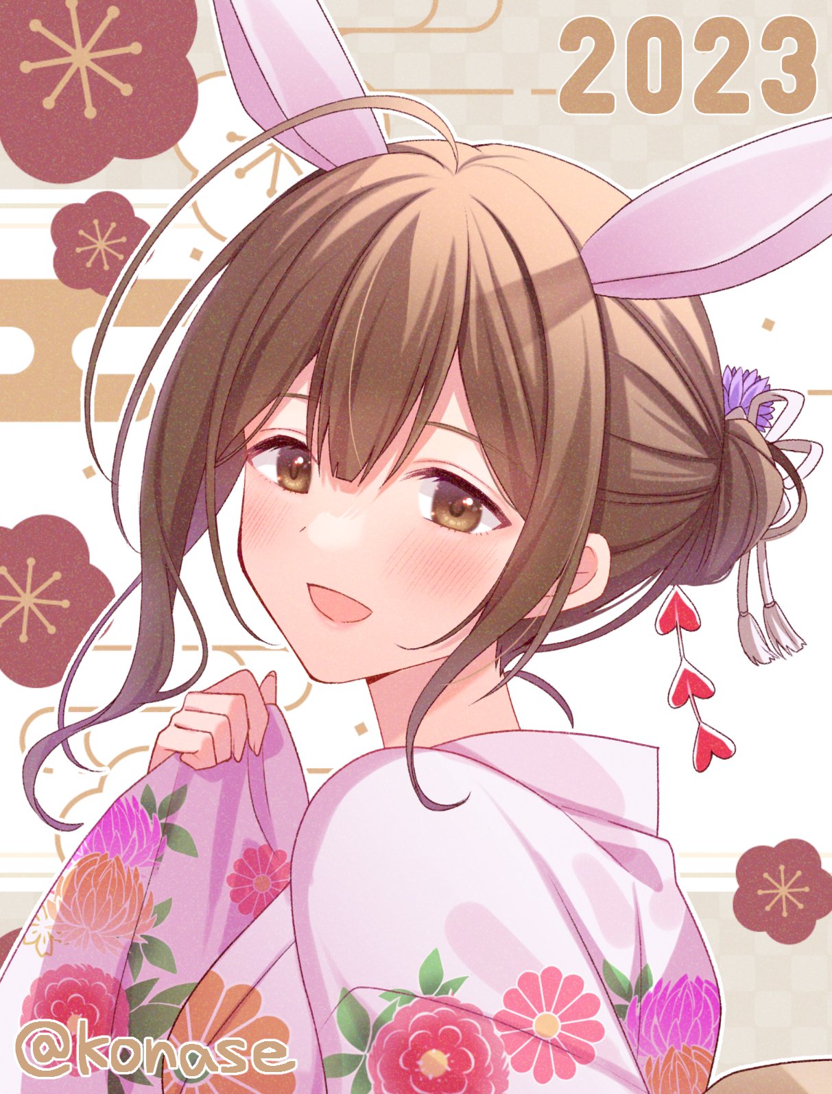 1girl 2023 ahoge alternate_hairstyle animal_ears blush bow breasts brown_eyes brown_hair chinese_zodiac dot_nose egasumi fake_animal_ears floral_print flower folded_ponytail hair_bow hair_flower hair_ornament hair_ribbon hand_up happy_new_year highres idolmaster idolmaster_shiny_colors japanese_clothes kimono konase_(non_stop!) kuwayama_chiyuki large_breasts long_hair long_sleeves looking_at_viewer new_year open_mouth pink_kimono plum_blossoms print_kimono purple_flower rabbit_ears ribbon sleeves_past_wrists smile solo twitter_username upper_body white_ribbon wide_sleeves year_of_the_rabbit