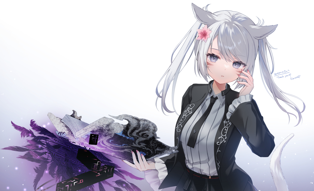 1girl animal_ears black_jacket black_necktie black_skirt book breasts cat_ears cat_girl cat_tail collared_shirt commentary_request final_fantasy final_fantasy_xiv flower frilled_sleeves frills grey_eyes grey_hair grey_shirt hair_flower hair_ornament hand_up holding holding_book jacket kanora long_sleeves looking_at_viewer medium_breasts miqo'te necktie open_book open_clothes open_jacket pink_flower shirt skirt solo tail thank_you twintails white_background