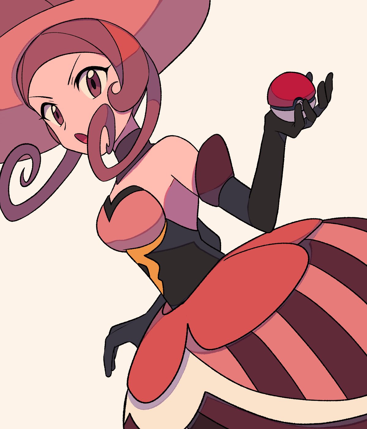 1girl :o arched_bangs bare_shoulders black_gloves brown_eyes brown_hair choker commentary_request dana_(pokemon) elbow_gloves eyelashes gloves hat highres holding holding_poke_ball looking_at_viewer open_mouth pink_skirt poke_ball poke_ball_(basic) pokemon pokemon_(game) pokemon_xy simple_background skirt solo top_hat tyako_089